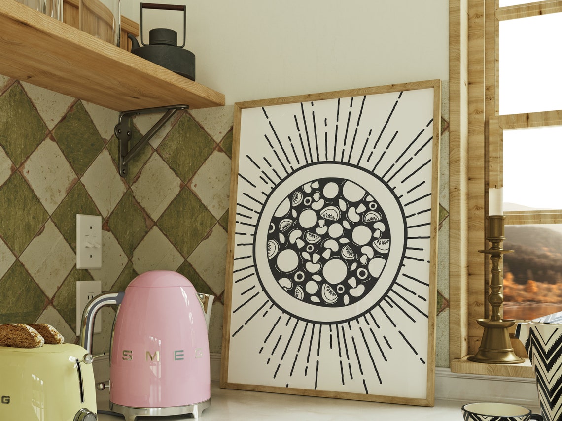 Black White Pizza Slice Line Art Circle Sunburst Kitchen Poster - Image 4