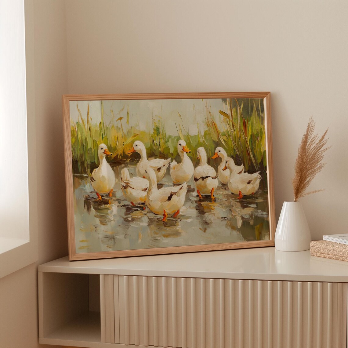 White Duck Pond Painting, Peaceful Farm Animal - Image 2