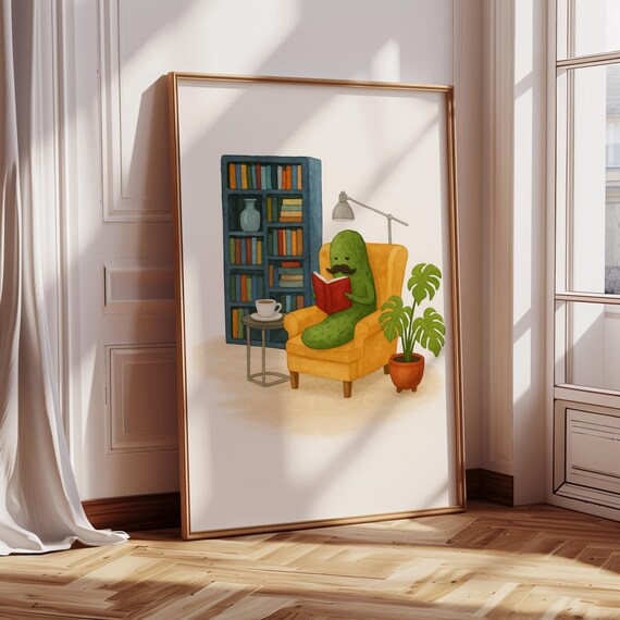 Funny Pickle Reading Book, Whimsical Home Library Decor