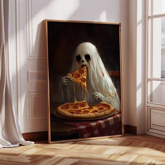 Ghost Eating Pizza Poster Funny Halloween Oil Painting with Pepperoni