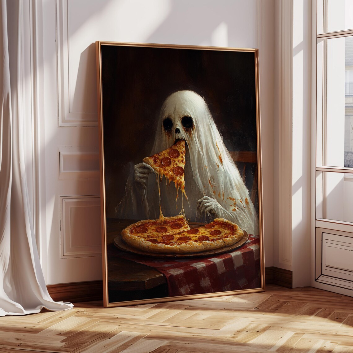 Ghost Eating Pizza Poster Funny Halloween Oil Painting with Pepperoni
