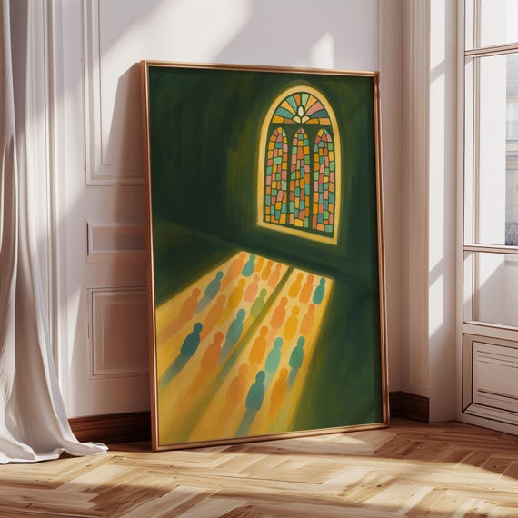 Stained Glass Light Figures Print Christian Art With Colorful Silhouettes Spiritual Wall Decor For Church Home Or Prayer Space