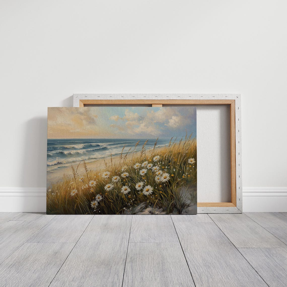 White Daisy Meadow And Beach Waves Golden Coastal Grass Scene Poster - Image 2
