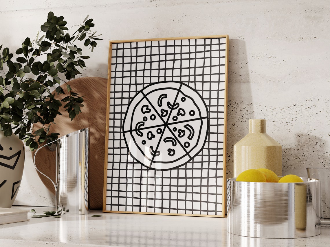 Whole Pizza Doodle On Checkered Background Fun Kitchen Wall Art - Image 4