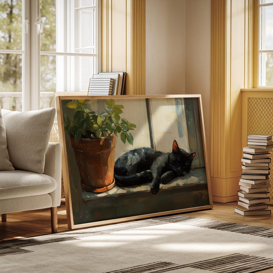 Black Cat Sleeping On Sunny Windowsill Plant Cozy Cat Lover Art Poster - Image 3