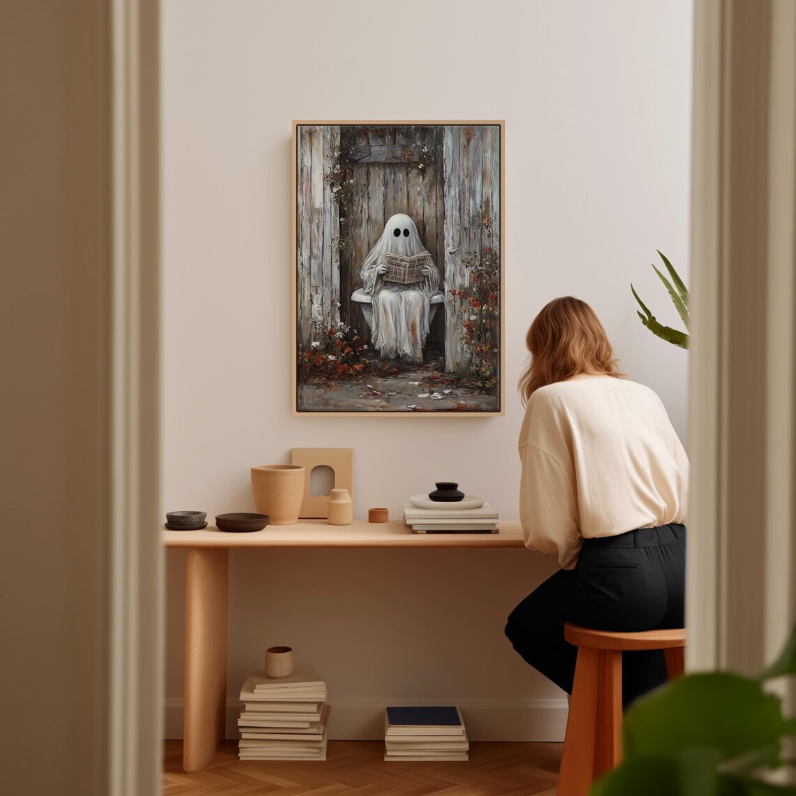 Cute Ghost Toilet Reading Newspaper Vintage Outhouse Halloween Funny Art Print - Image 3