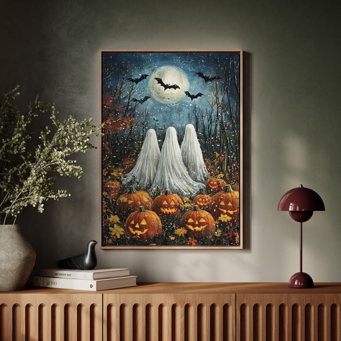 Ghost Trio Under Full Moon Pumpkin Patch Halloween Art Poster - Image 5