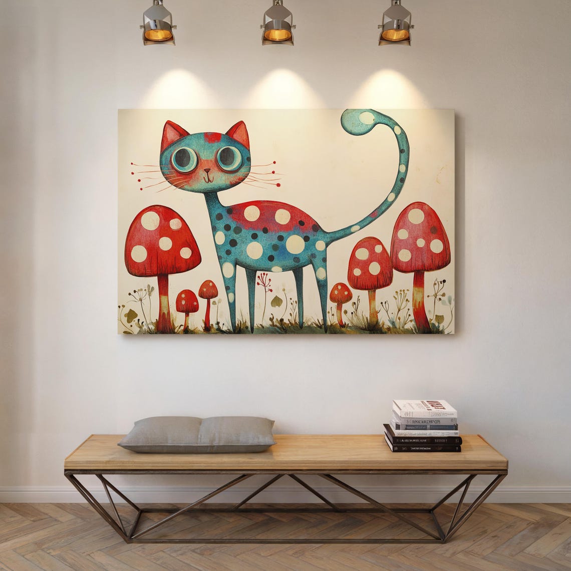 Quirky Polka Dot Blue Cat Among Red Mushrooms Whimsical Animal Poster - Image 3