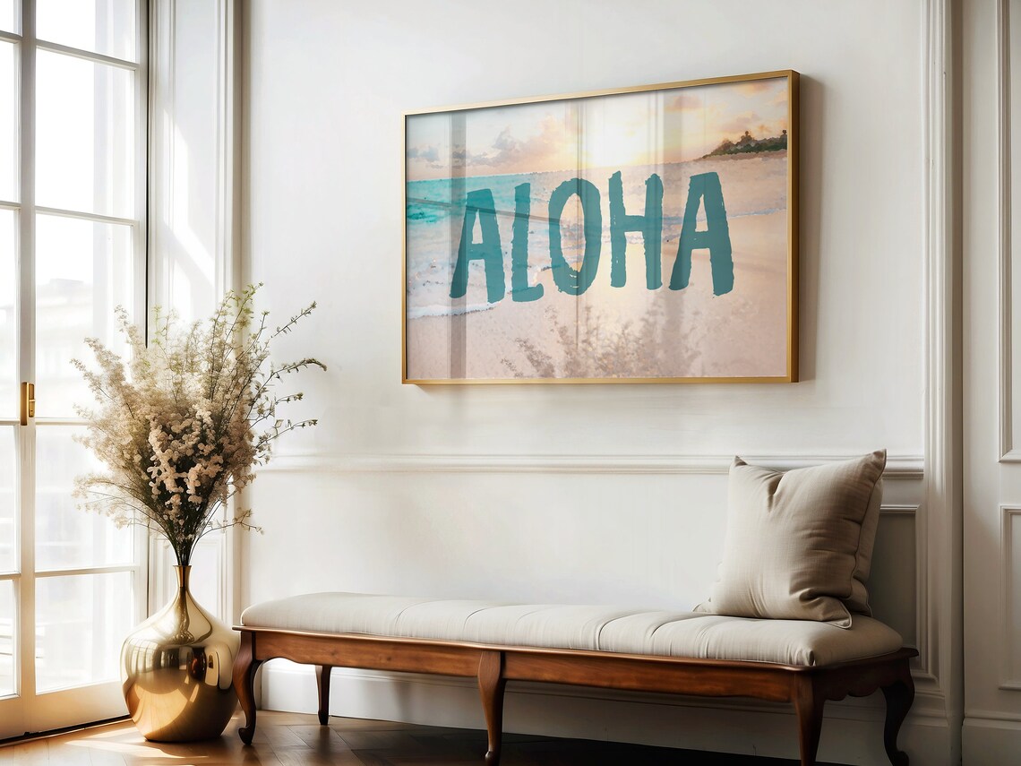 Aloha Teal Lettering Beach Sunrise Watercolor Tropical Poster - Image 2