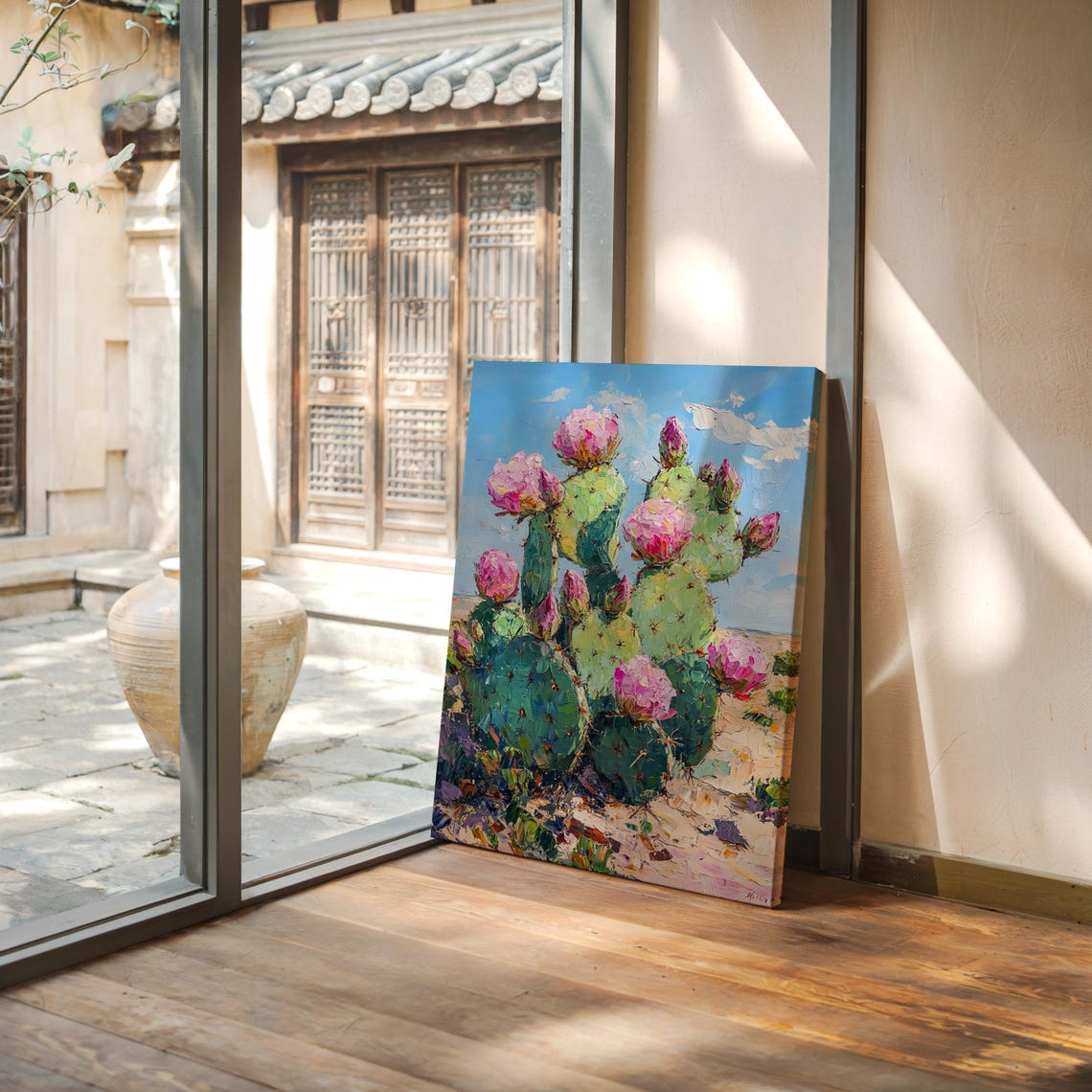 Blooming Prickly Pear Cactus Pink Flowers Blue Sky Desert Print - Image 2