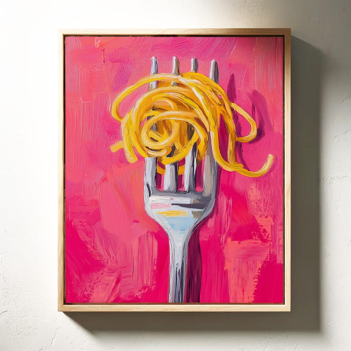 Fork With Golden Spaghetti Vibrant Hot Pink Modern Food Art Poster
