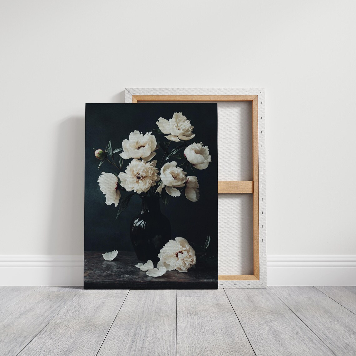 White Peonies In Black Vase Dark Moody Floral Still Life Wall Art - Image 4