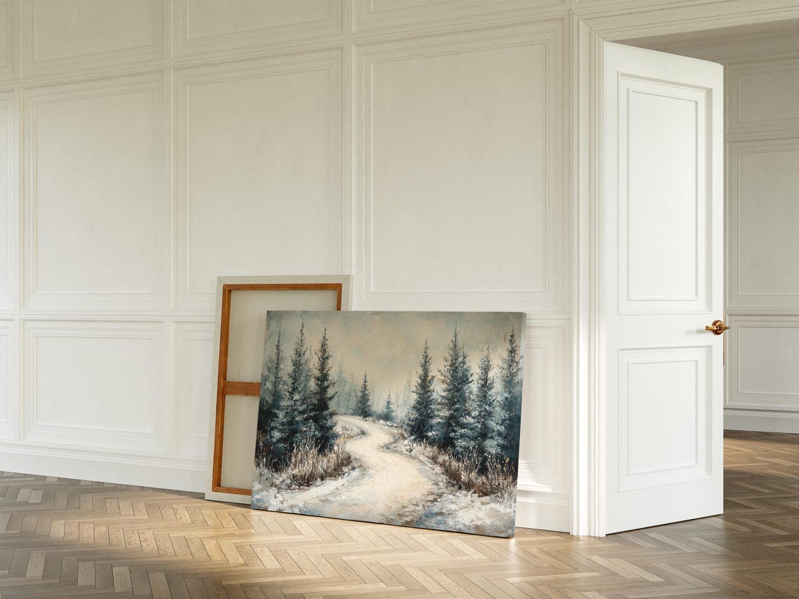 Snowy Path Through Winter Forest Wall Art Print Serene Landscape Painting For Cozy Home Decor - Image 4