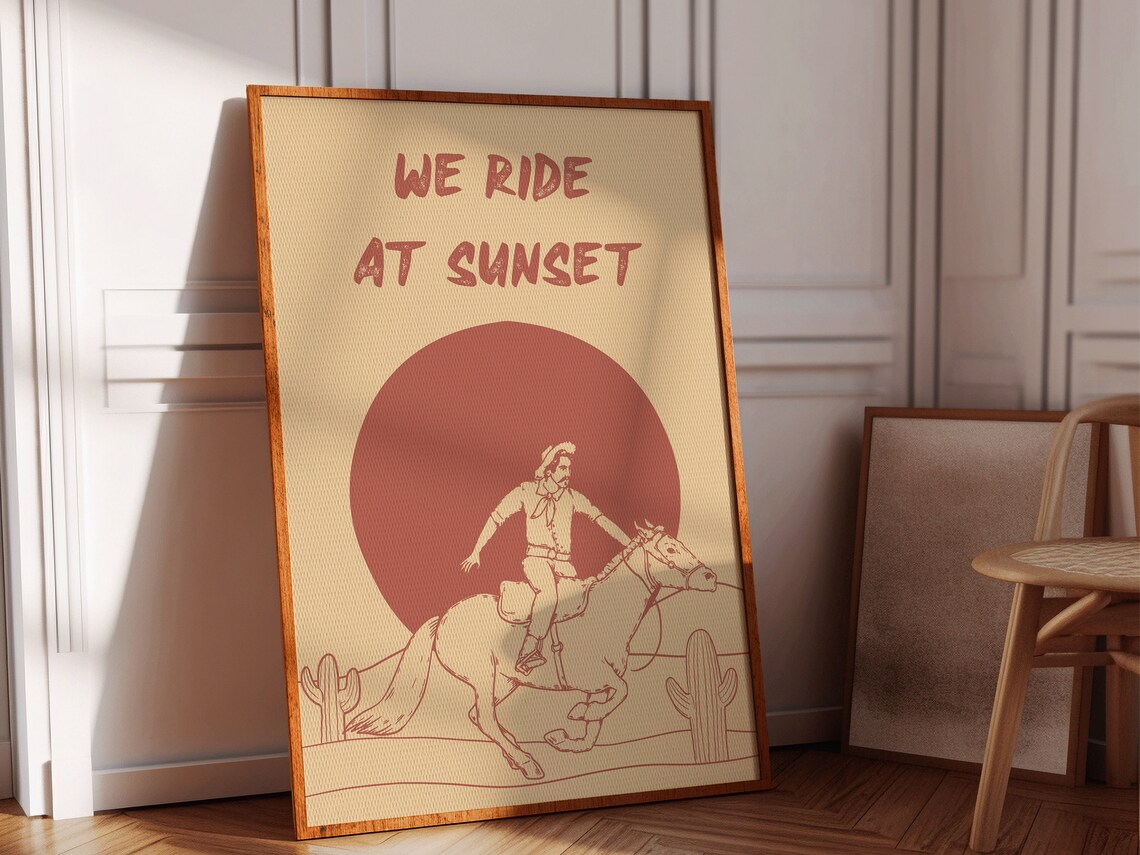 We Ride At Sunset Cowboy Horse Red Sun Retro Western Art Poster - Image 2
