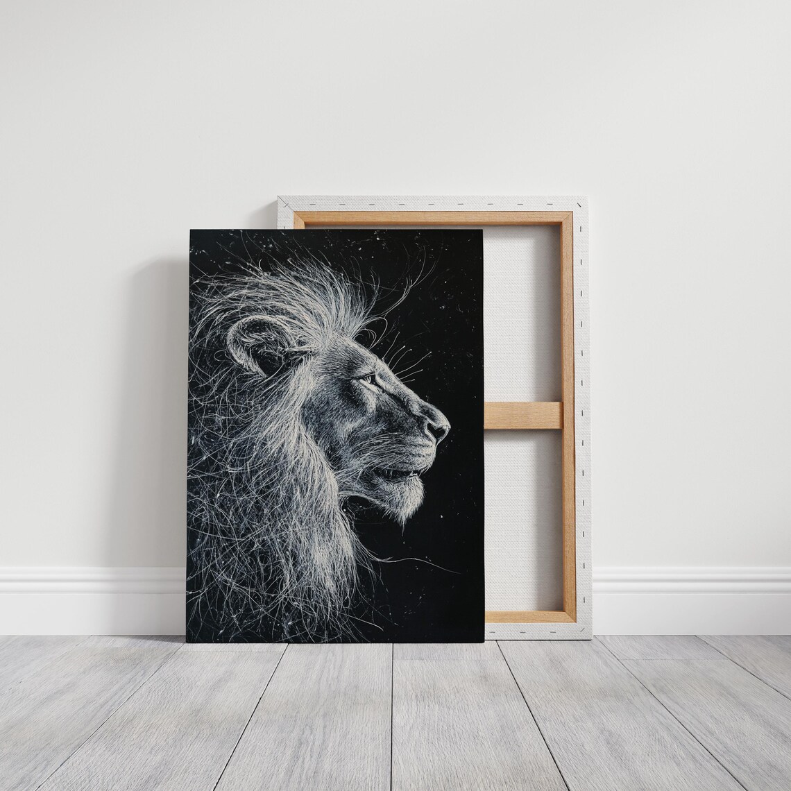 Lion Profile Scratchboard Style Black And White Wild Animal Wall Art Print - Image 4
