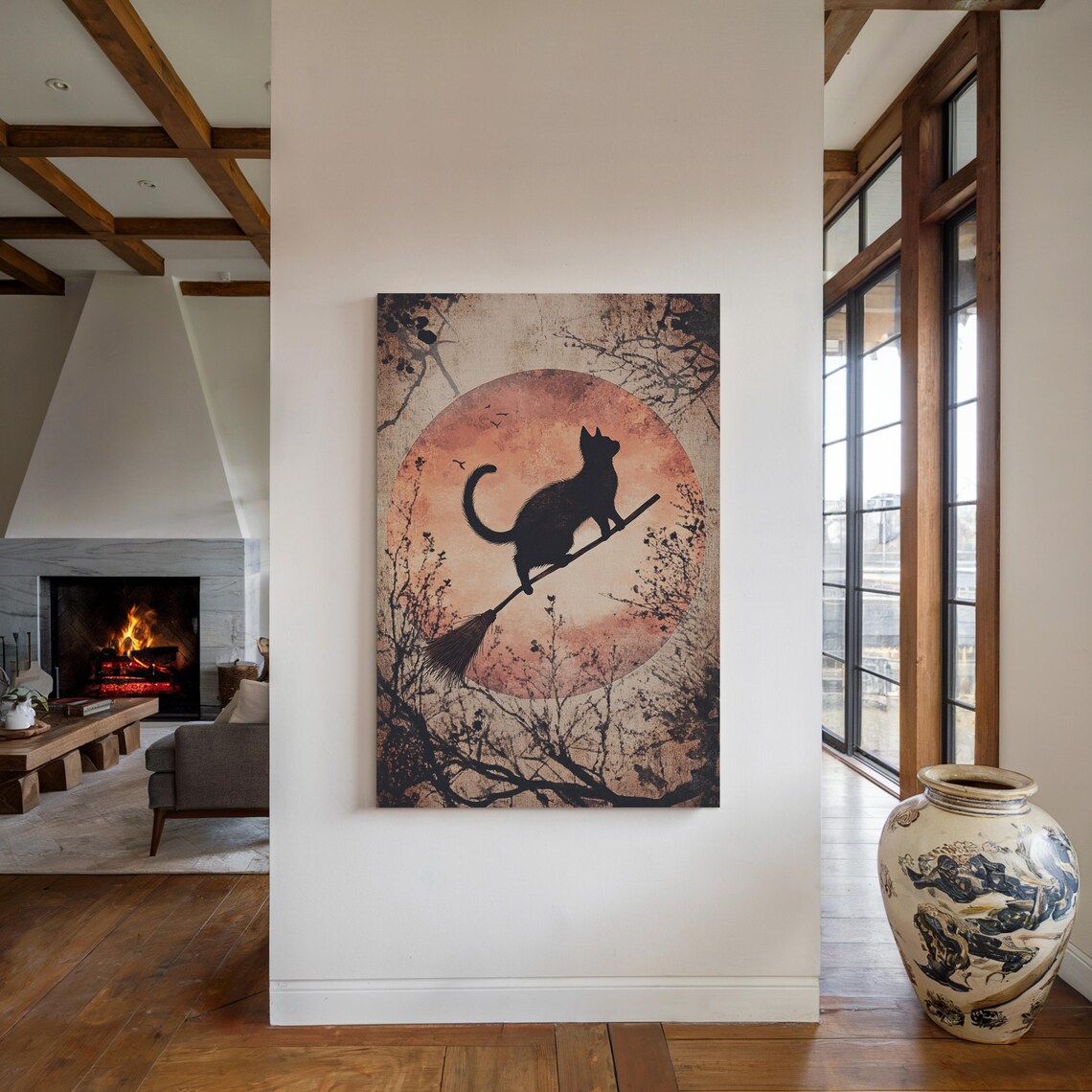 Black Cat Silhouette on Broomstick Orange Moon Vintage Halloween Wall Art - Image 2