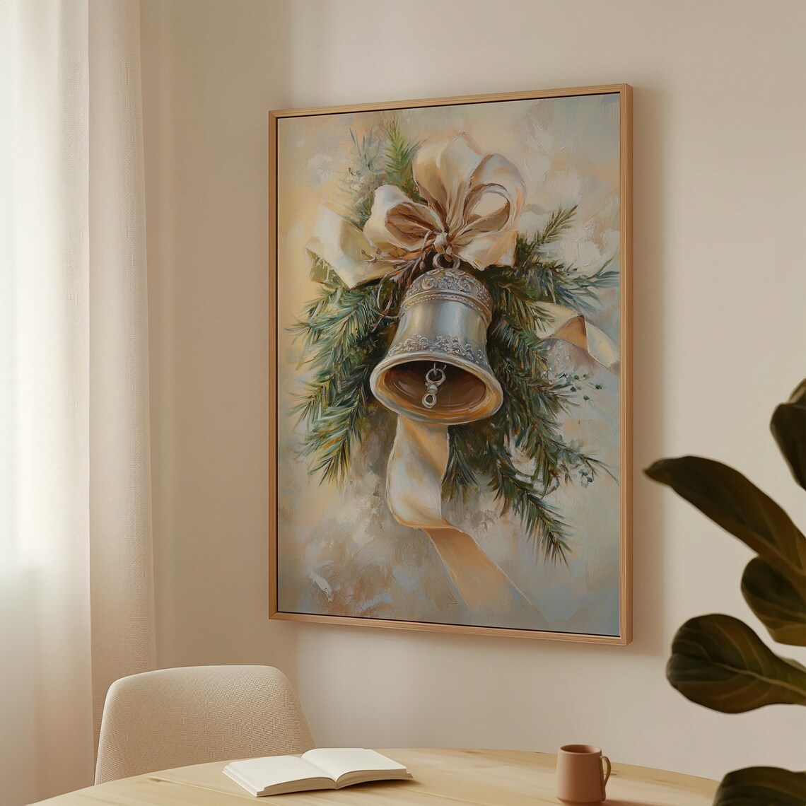 Elegant Silver Bell With Gold Ribbon Pine Branches Holiday Poster