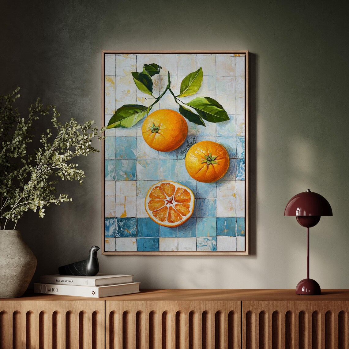 Vibrant Oranges With Leaves, Rustic Tile Background - Image 2