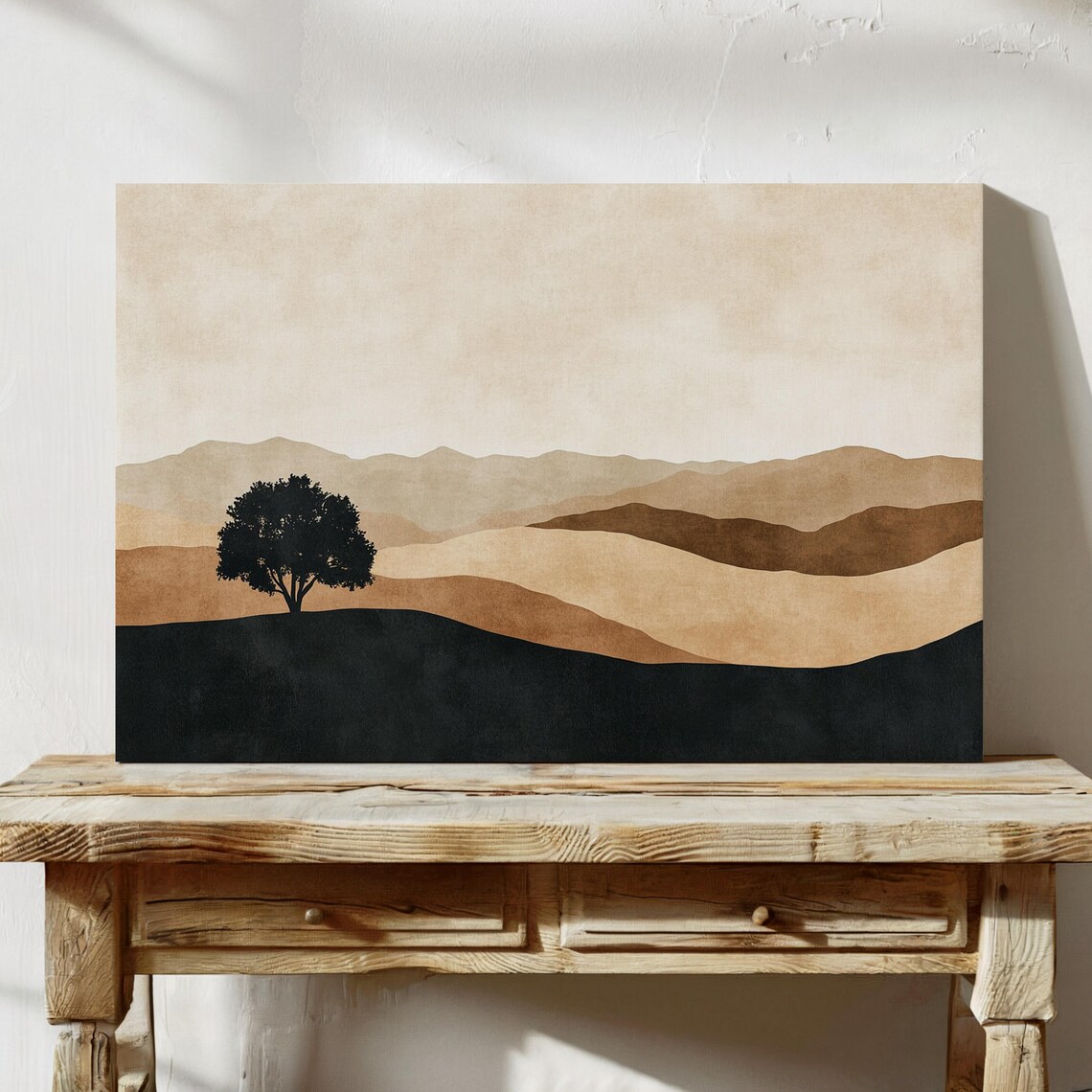 Minimalist Earth Toned Landscape Wall Art Print Serene Hills With Lone Tree Decor - Image 2