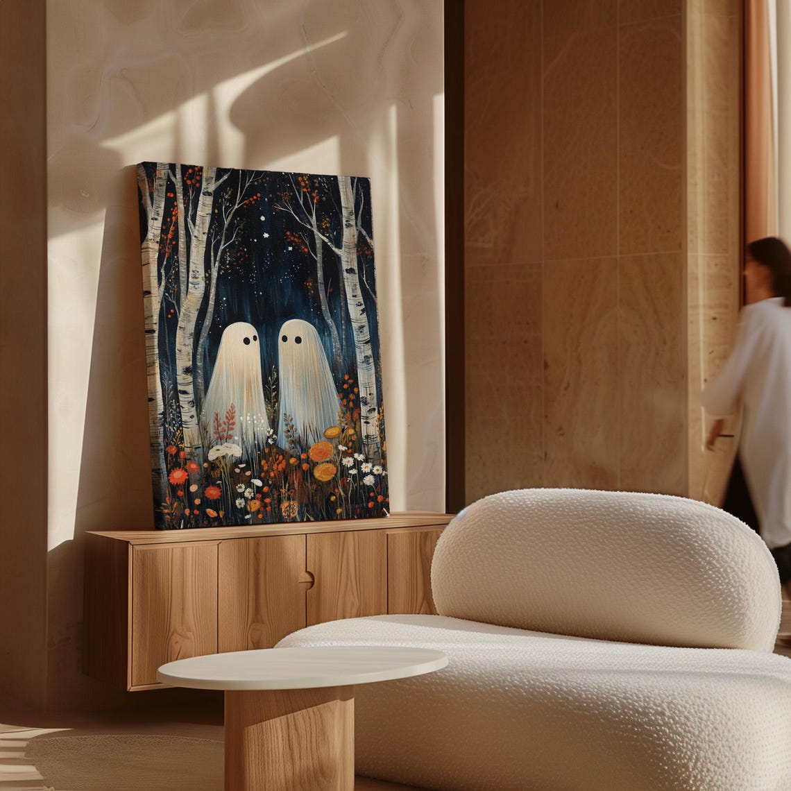 Two Friendly Ghosts in Birch Woods Fall Flowers Halloween Wall Print - Image 5