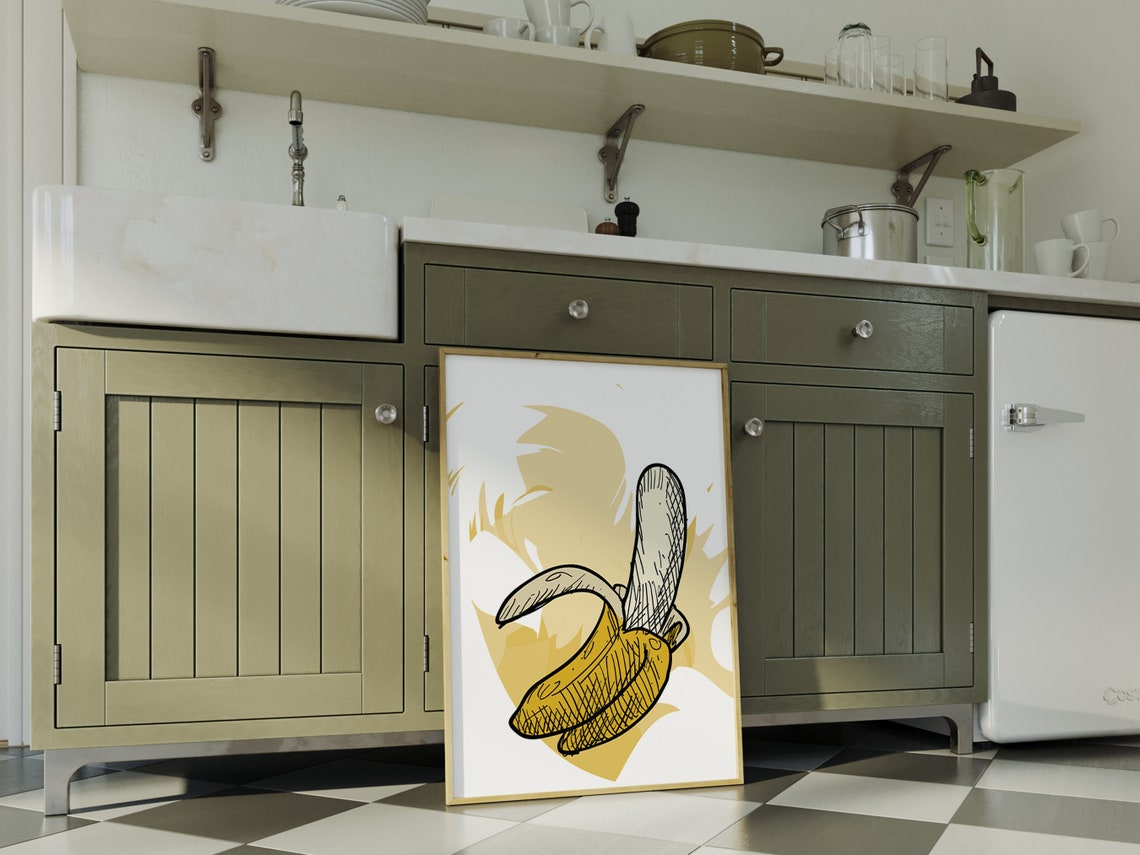 Banana Peel Hand Drawn Sketch Yellow Kitchen Boho Retro Fruit Wall Art - Image 4
