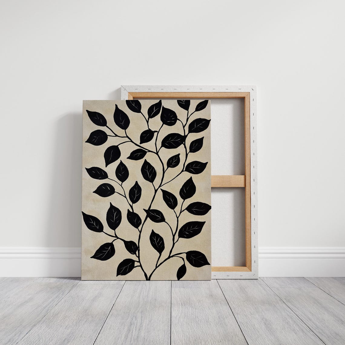 Minimalist Black Leaf Branch Artwork With Bold Contrast And Elegant Lines On A Neutral Textured Background For Modern Interiors - Image 5