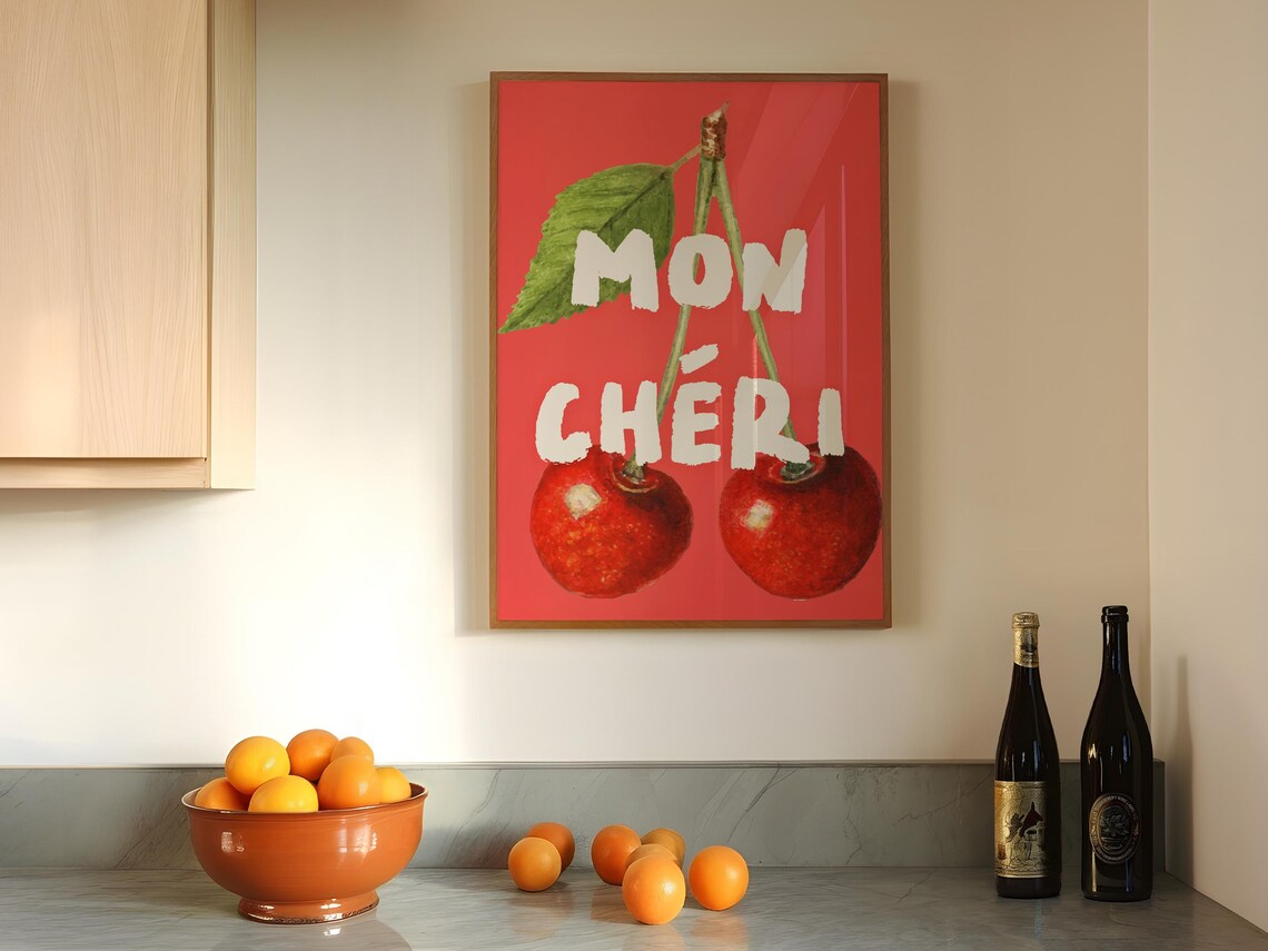 Mon Chéri Sweet French Cherry Phrase Romantic Watercolor Art Poster
