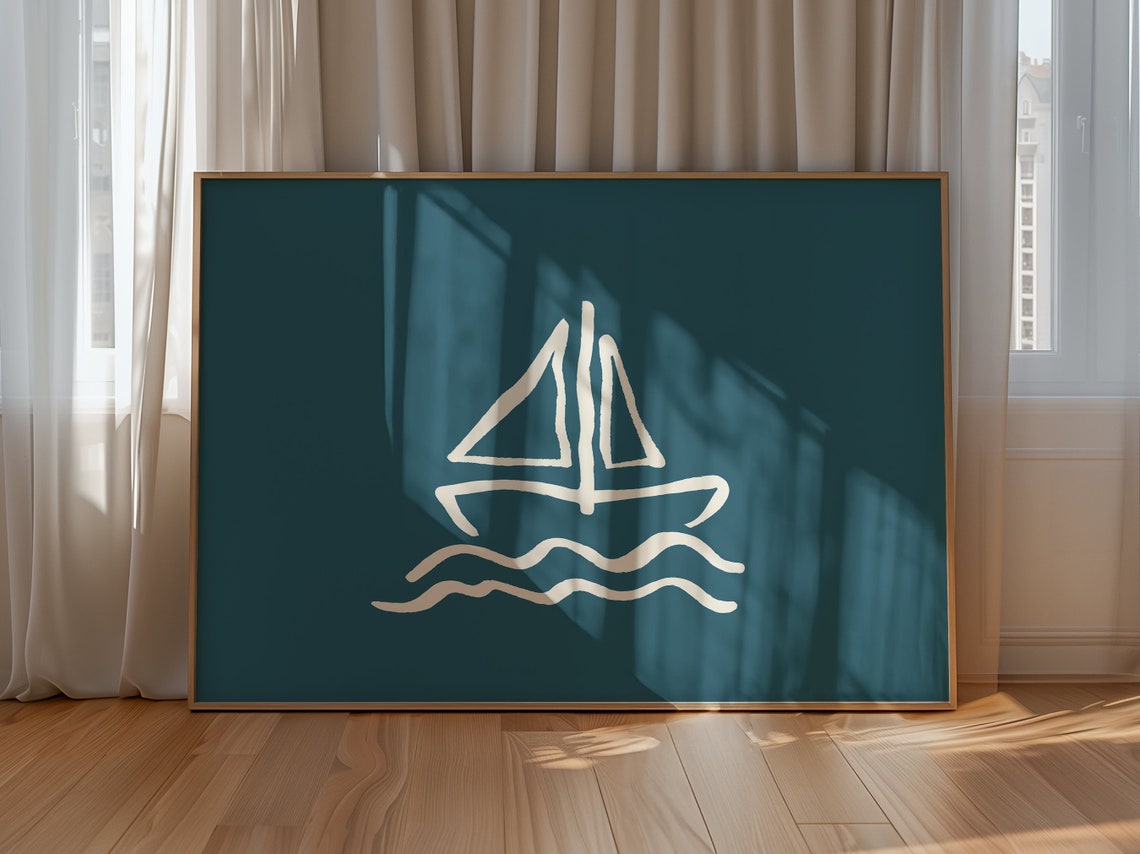 Sailboat Cream Line Art Blue Gray Nautical Minimalist Wall Poster