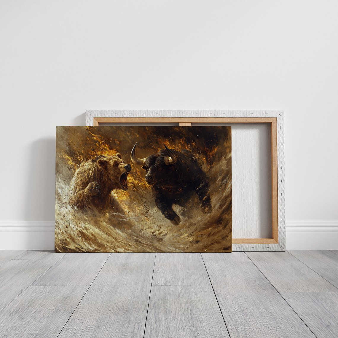 Bear And Bull Clash Dramatic Golden Stock Market Battle Art Print - Image 3