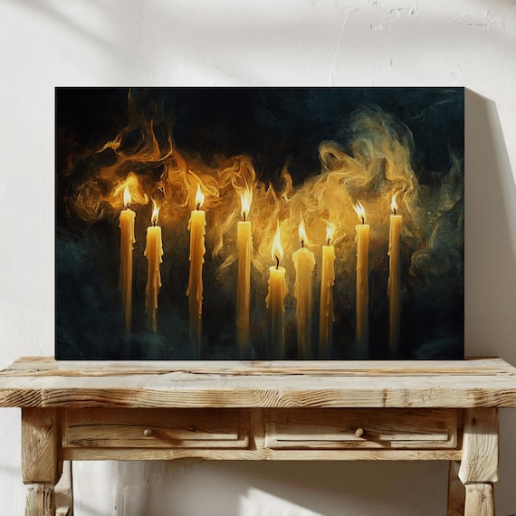Row Of Tall Burning Candles Golden Smoke Dark Mystical Candle Poster