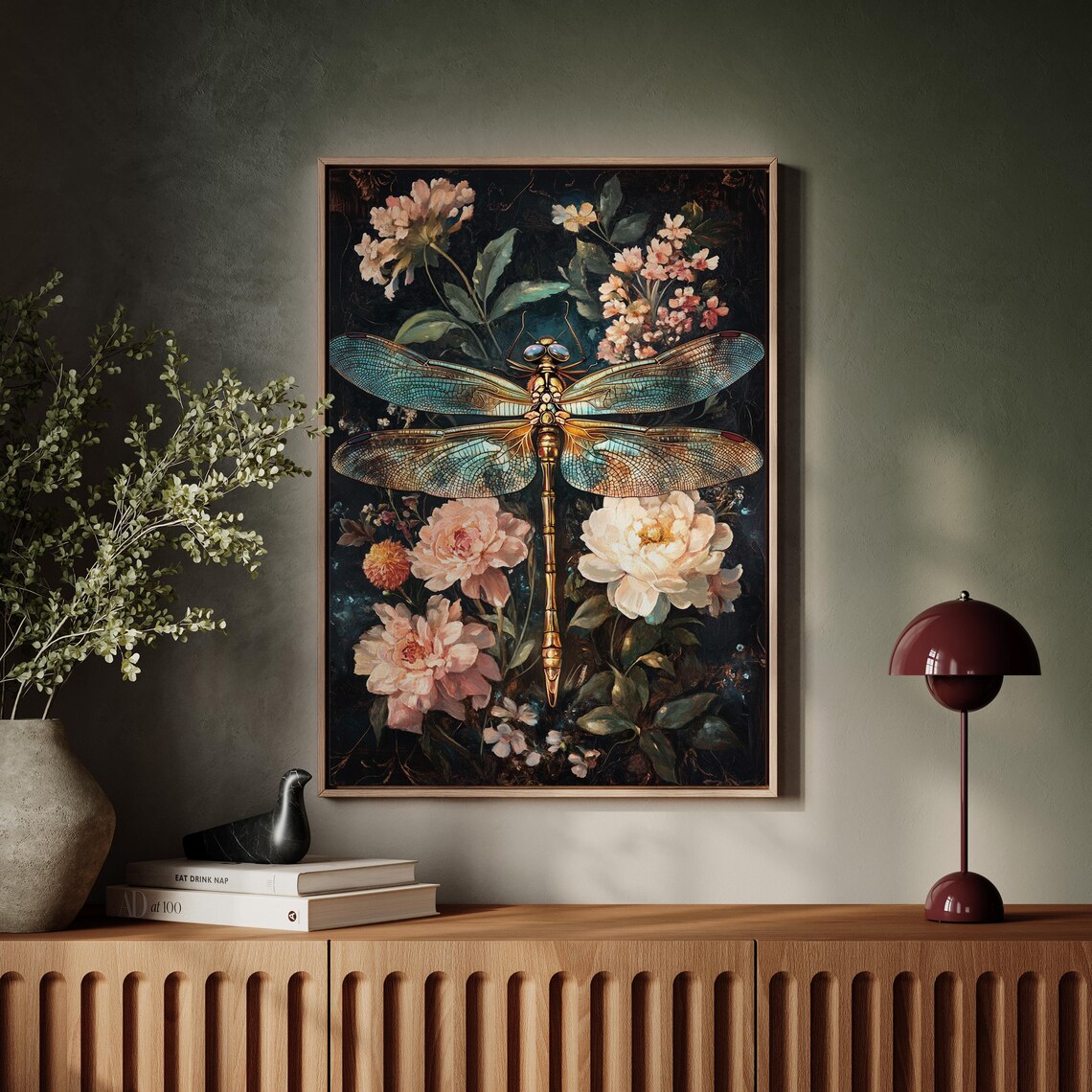 Golden Dragonfly Dark Floral Peony Botanical Gothic Wall Art Print - Image 5