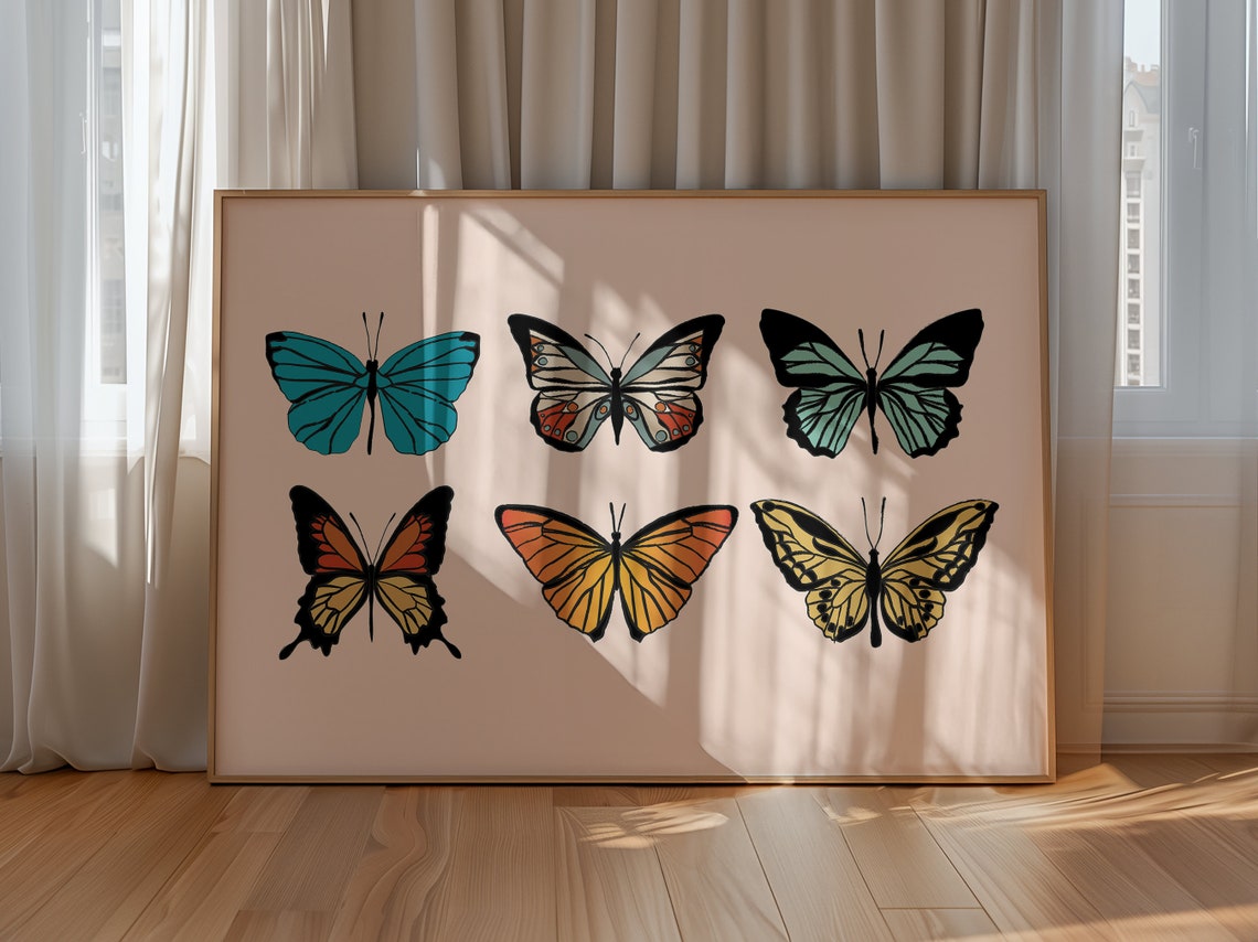 Colorful Butterfly Grid Six Illustrations Cream Boho Wall Art Poster - Image 2