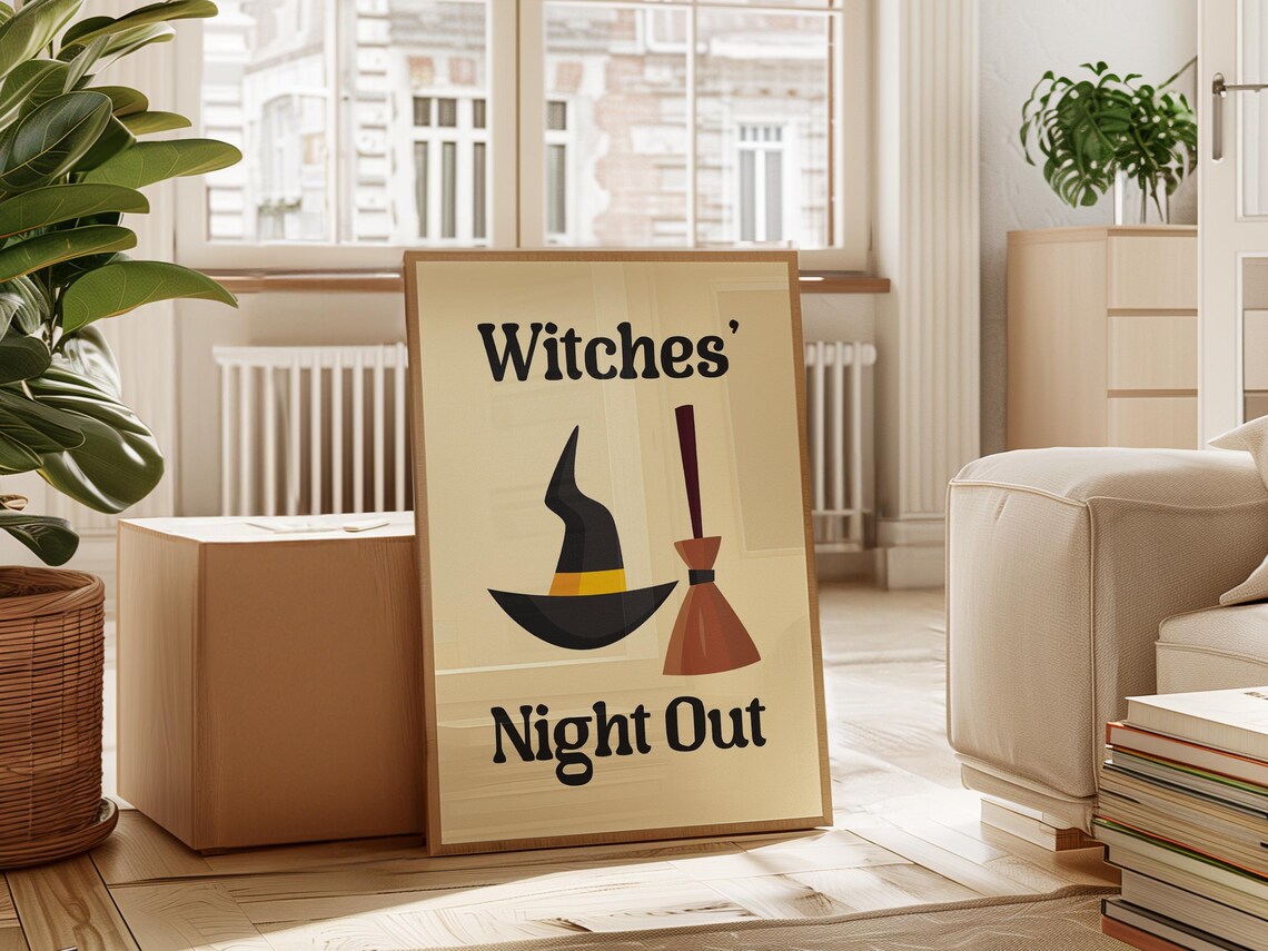 Witches Night Out Vintage Witch Hat Broom Art Cute Halloween Decor Poster