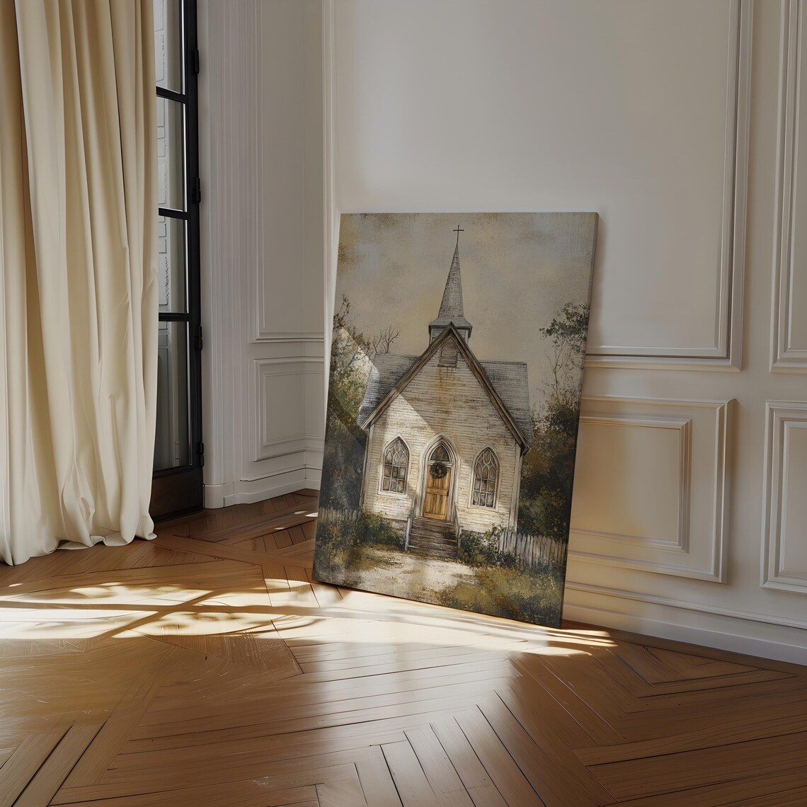 Rustic Church Painting, Vintage Country Chapel Art - Image 2