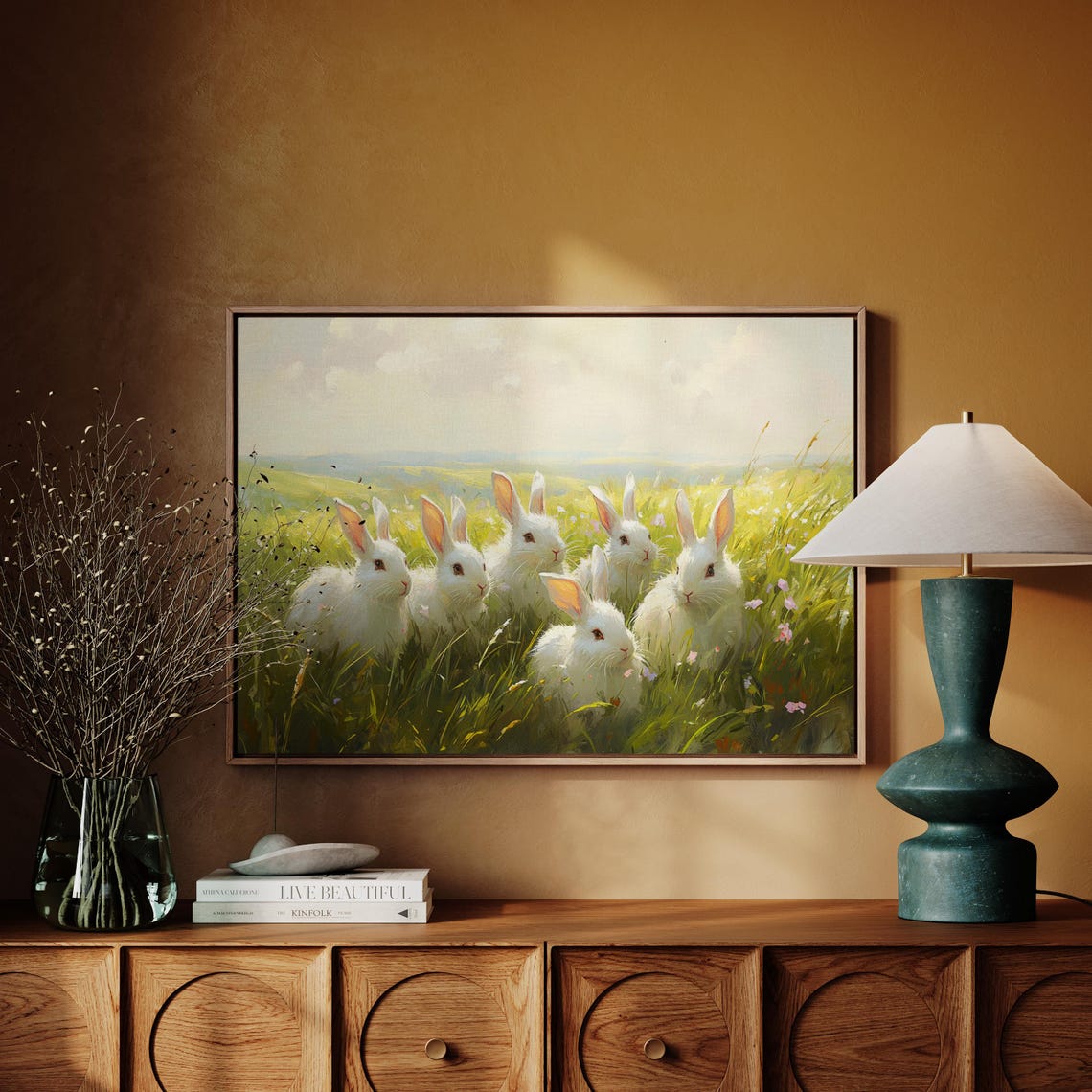 Group Of White Bunnies In Sunny Spring Meadow Cute Bunny Art Poster - Image 4