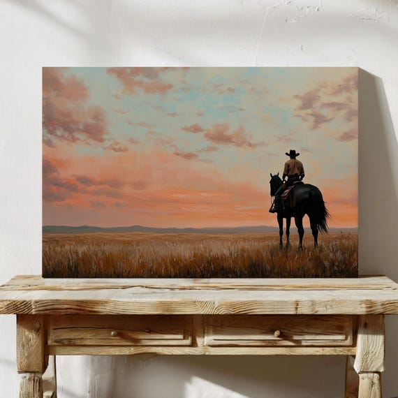 Cowboy Sunset Horseback Art Western Ranch Wall Decor Rustic Country Home Style Lone Rider Landscape Farmhouse Equestrian Print
