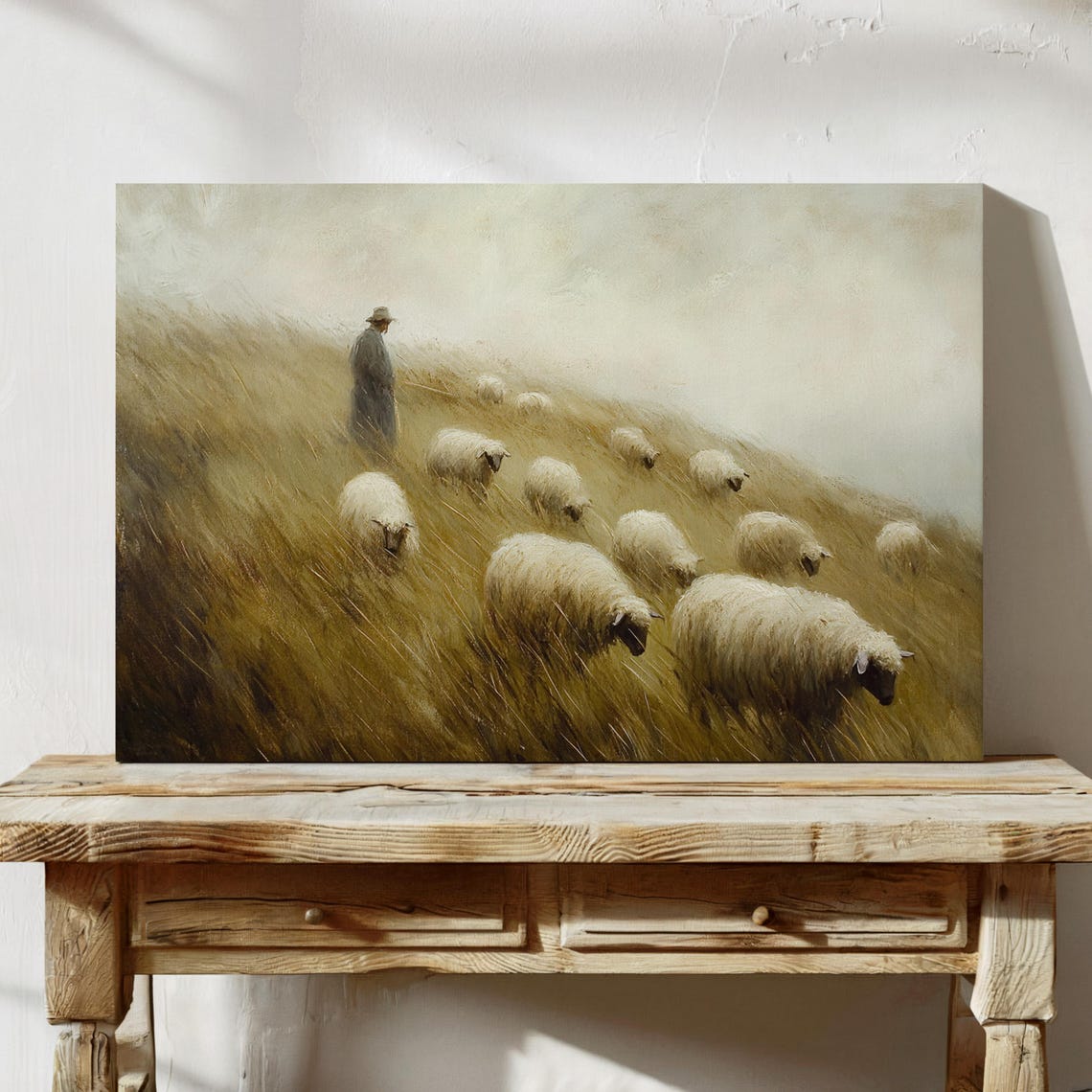 Shepherd With Sheep Flock Misty Golden Meadow Pastoral Landscape Print - Image 3