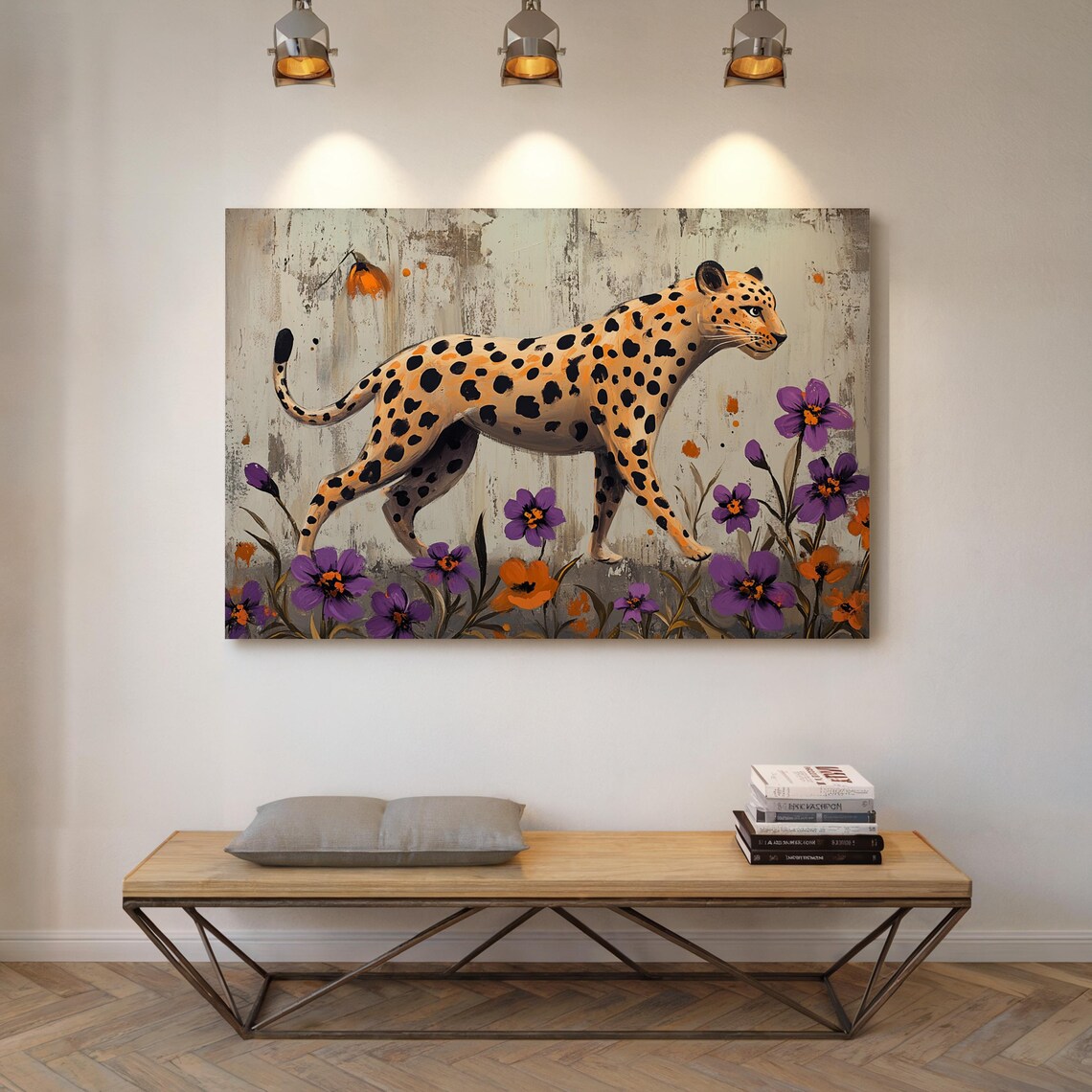 Elegant Leopard Purple Orange Flowers Distressed Background Wildlife Poster - Image 3