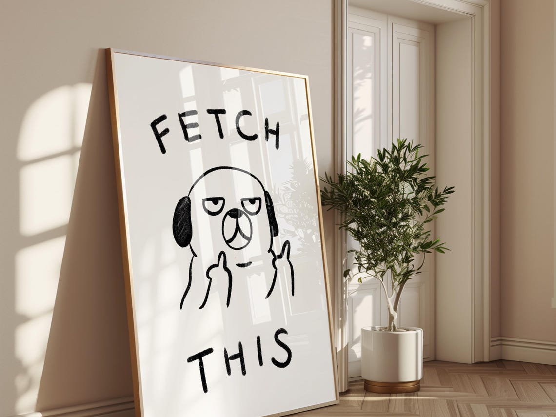 Fetch This Funny Pug Dog Drawing Humor Pet Lover Wall Art Poster
