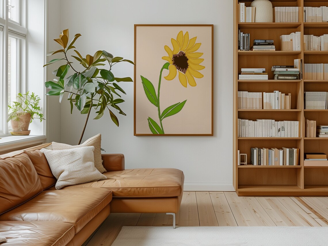Tall Yellow Sunflower Long Stem Cream Illustrated Floral Poster - Image 2