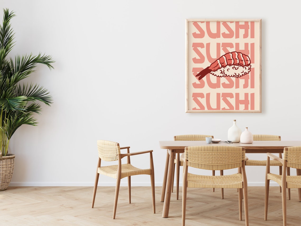 Shrimp Nigiri Sushi Bold Retro Pink Typography Japanese Kitchen Poster - Image 2
