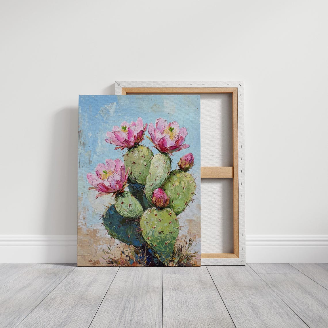 Prickly Pear Cactus Pink Blooms Impasto Desert Floral Wall Print - Image 4