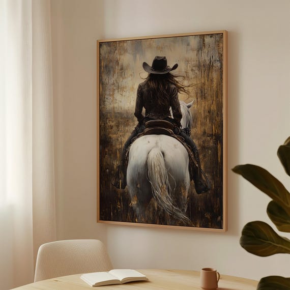 Cowgirl On Horseback Art Print Rustic Western Wall Decor Equestrian Country Home Art Female Rider Painting Ranch Style