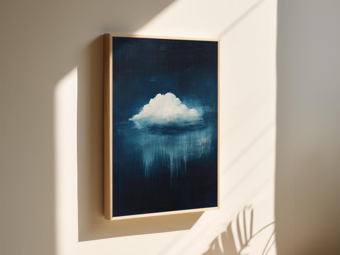 Abstract Rain Cloud Painting Minimalist Moody Sky Art Dark Blue Atmospheric Print Surreal Cloudscape Wall Decor