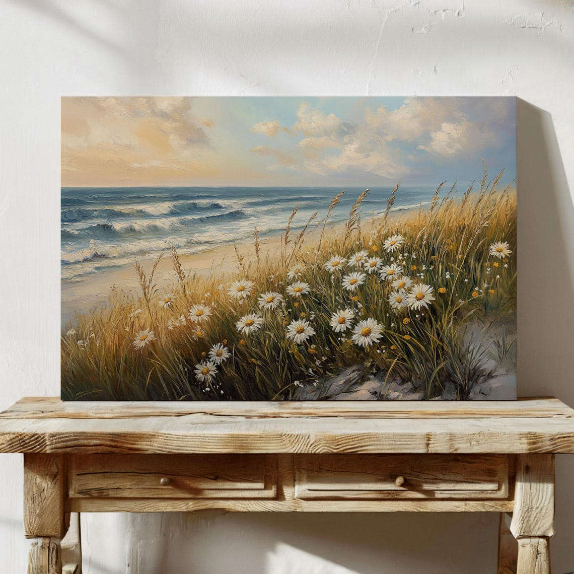 White Daisy Meadow And Beach Waves Golden Coastal Grass Scene Poster - Image 3