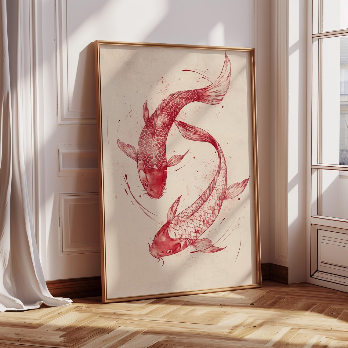 Red Koi Fish Ink Drawing, Japanese Zen Art