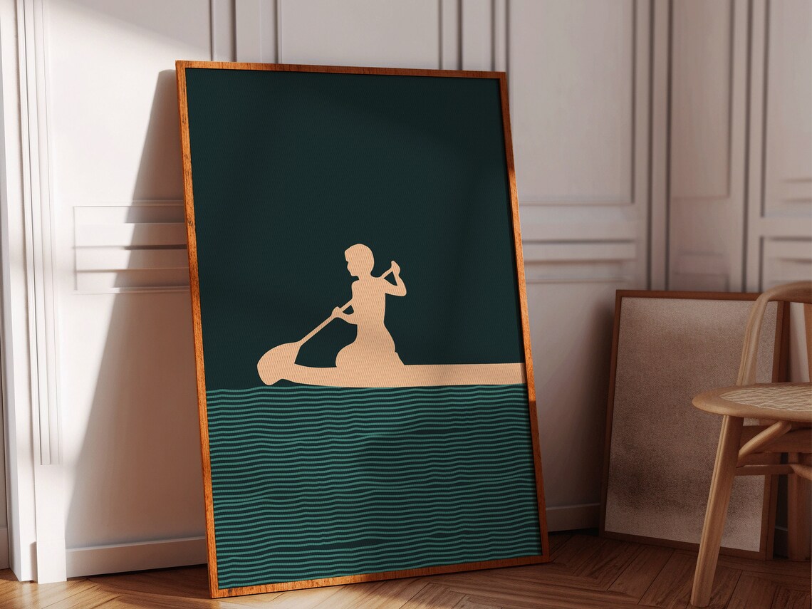 Minimalist Paddle Board Kayak Silhouette Ocean Waves Art Sports Poster
