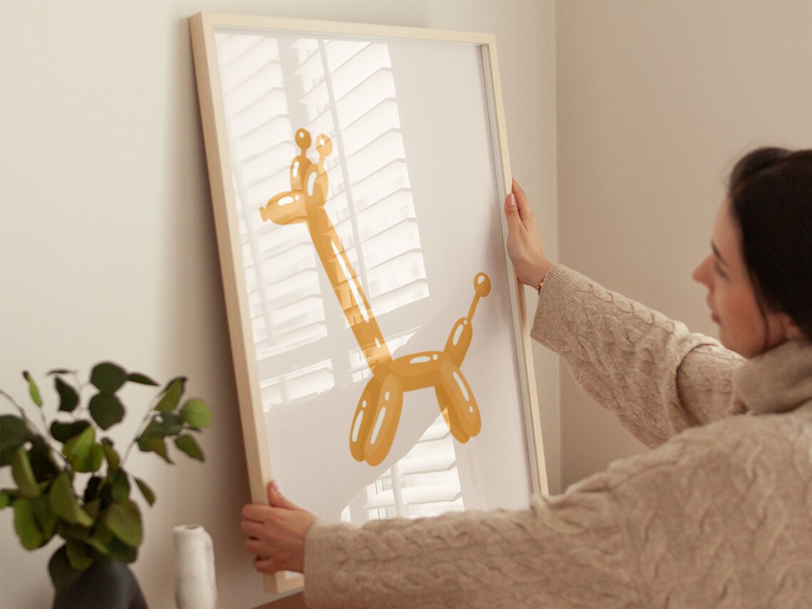 Golden Balloon Giraffe Minimalist Playful Boho Kids Room Poster