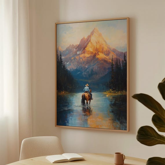 Cowboy In Mountain Lake Western Horseback Art Rustic Nature Painting Scenic Cowboy Print For Lodge And Ranch Decor