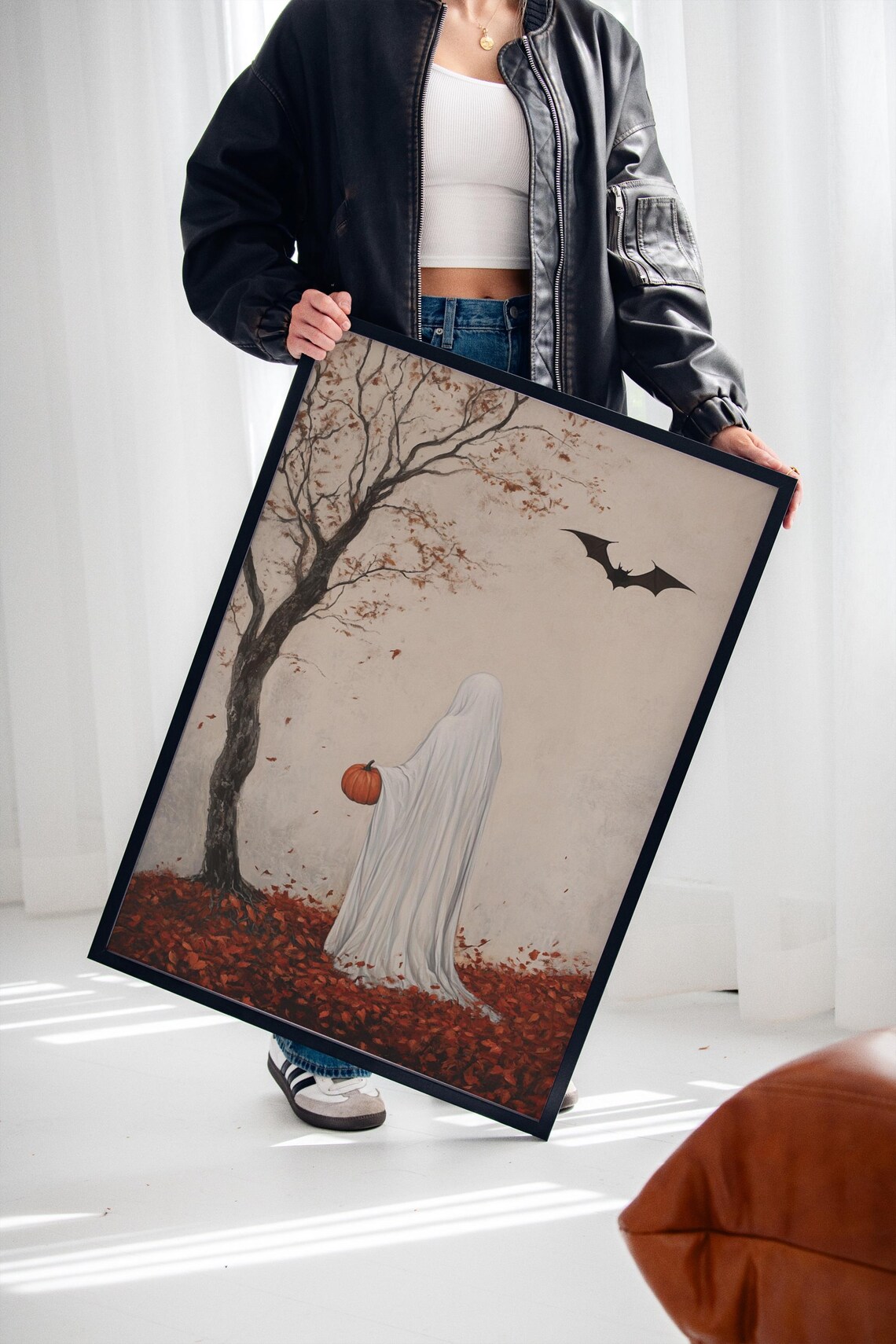Ghost Holding Pumpkin, Spooky Cozy Autumn Decor - Image 3